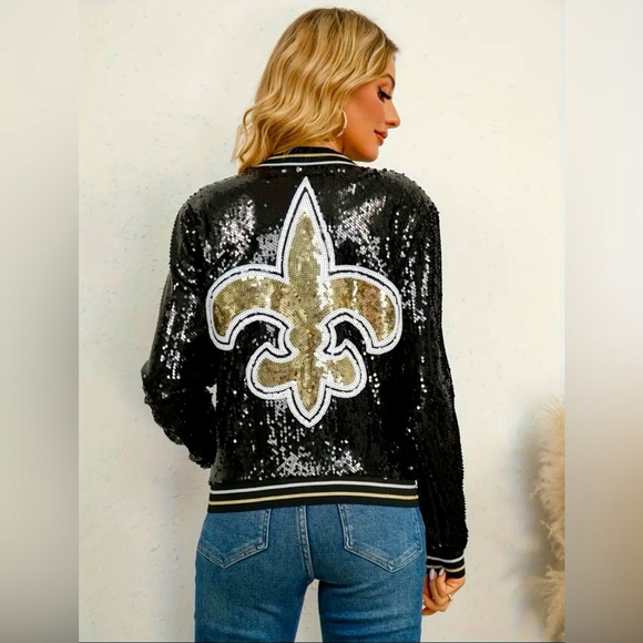 Boutique Jackets & Blazers - Black Sequins Jacket with Gold and White Fleur De Lis on back